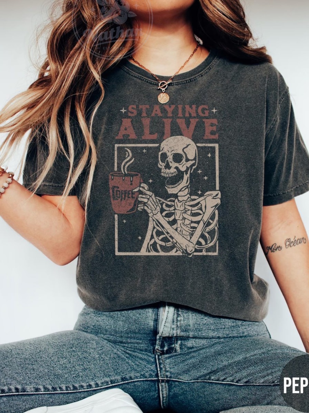 Comfort Colors Pepper 'Staying Alive' Skeleton Graphic Tee